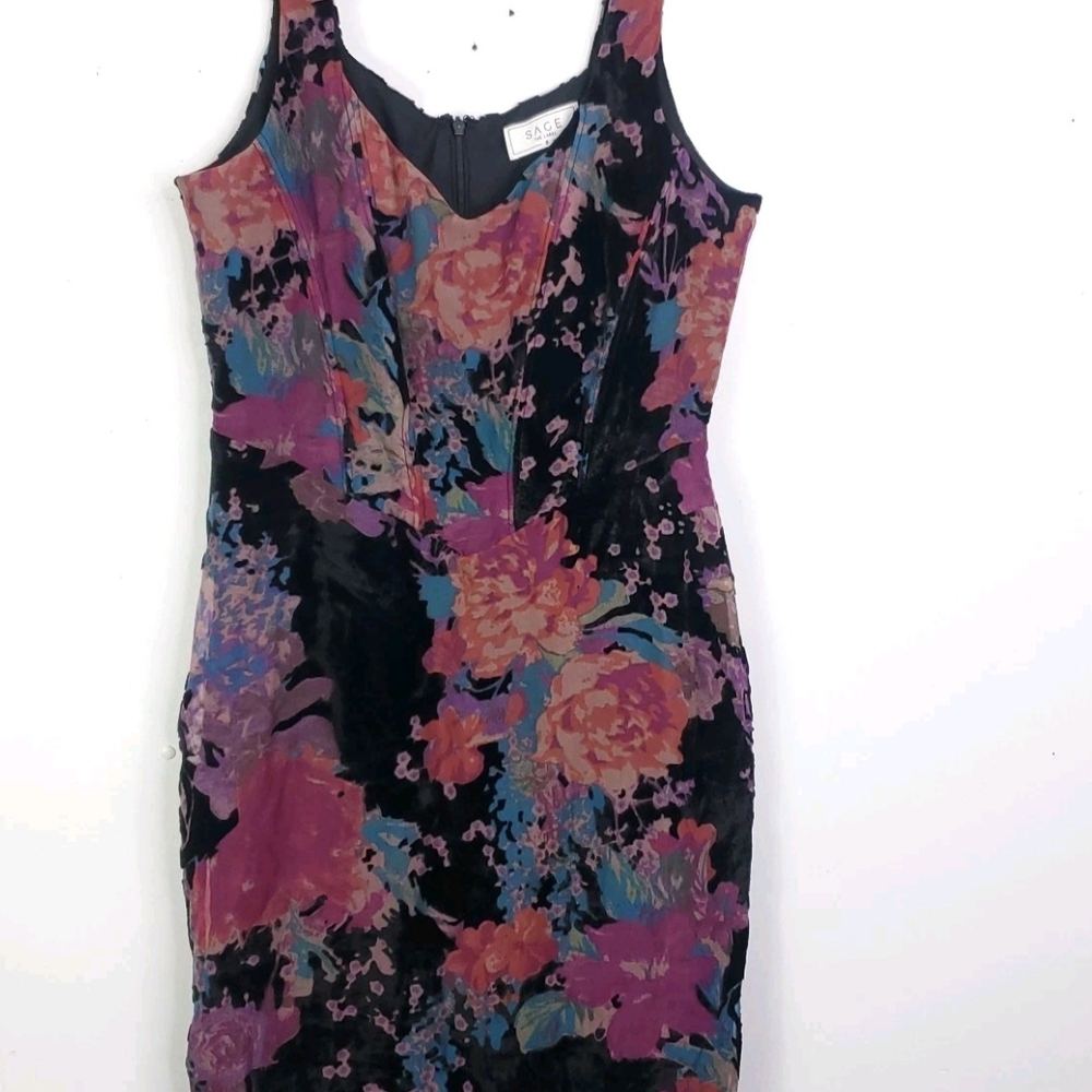 SAGE Black Floral Velvet Sheath Dress - Pink & Blue Floral